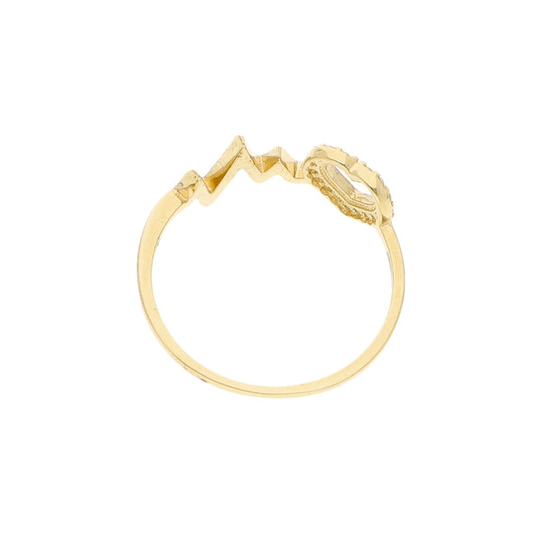 Anillo estilizado motivo corazón con sintéticos en oro amarillo 14 kilates.