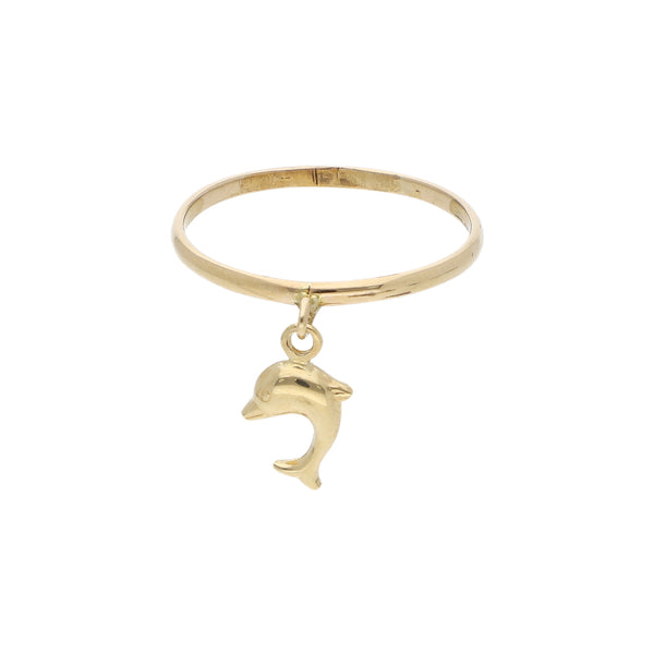 Anillo liso con colgante motivo delfin en oro amarillo 14 kilates.