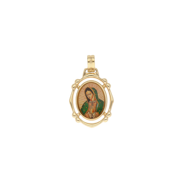 Medalla calada motivo Virgen de Guadalupe con esmalte en oro amarillo 14 kilates.