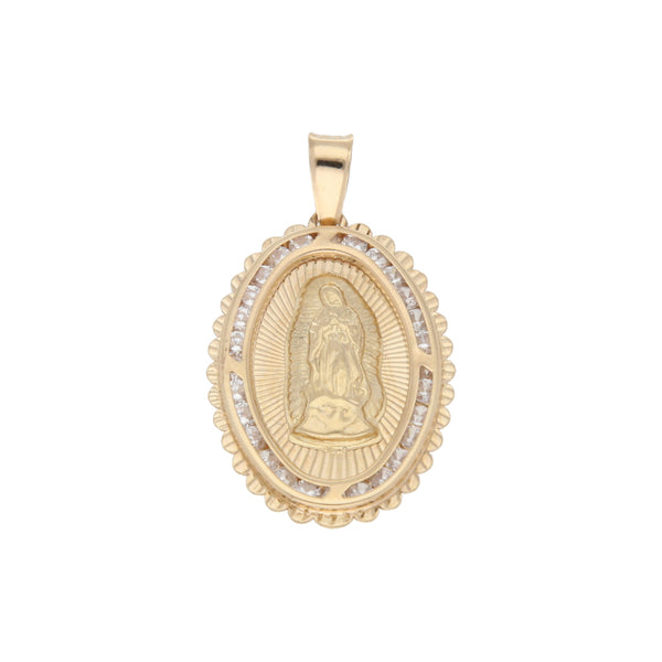 Medalla diseño especial con sintéticos motivo Virgen de Guadalupe en oro amarillo 14 kilates.