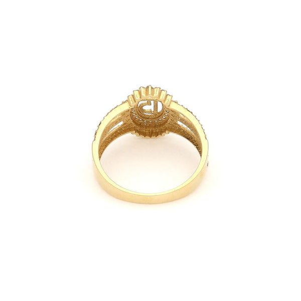 Anillo diseño especial motivo quince años con circonias en oro amarillo 14 kilates.