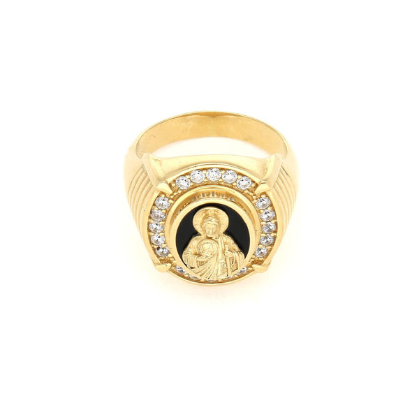 Anillo diseño especial motivo San Judas con sintéticos en oro amarillo 14 kilates.