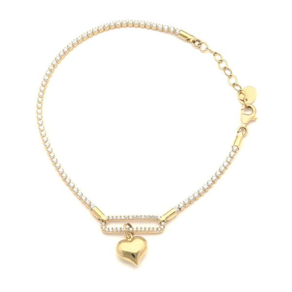 Pulsera eslabón articulado con colgante motivo corazón y circonias en oro amarillo 14 kilates.