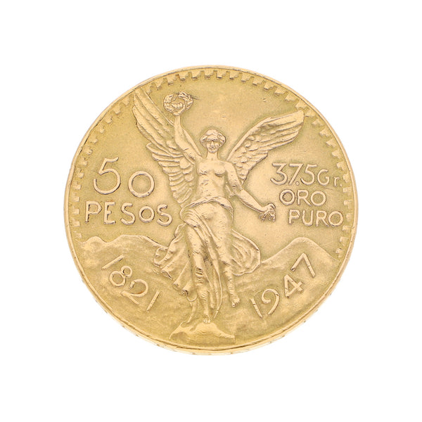 Moneda de cincuenta pesos en oro amarillo mexicano 21.6 kilates.