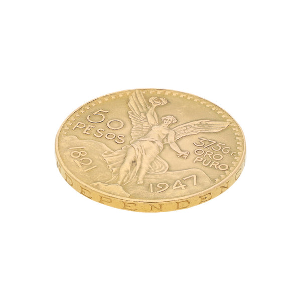 Moneda de cincuenta pesos en oro amarillo mexicano 21.6 kilates.