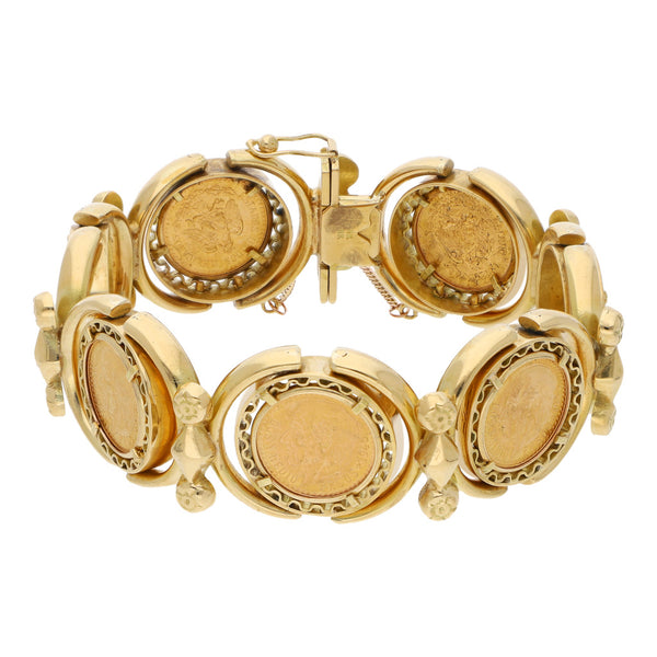 Pulsera eslabon articulado con monedas de dos y medio pesos oro mexicano 21.6 kilates en oro amarillo 16 kilates.