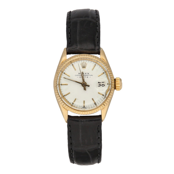 Reloj Rolex para dama modelo Oyster Perpetual Date caja oro amarillo 18 kilates.