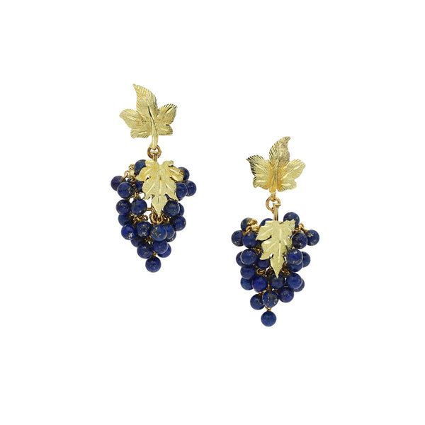 Aretes diseño especial con colgantes motivo uvas y lapislazuli en oro amarillo 18 kilates.