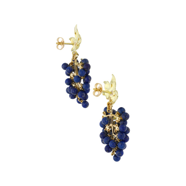 Aretes diseño especial con colgantes motivo uvas y lapislazuli en oro amarillo 18 kilates.