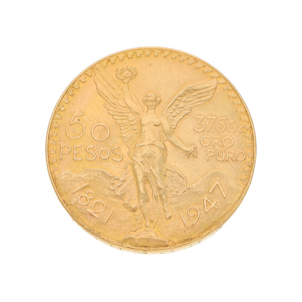 Moneda de cincuenta pesos en oro amarillo mexicano 21.6 kilates.