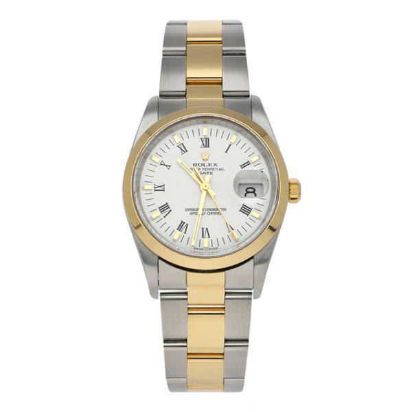 Reloj Rolex para caballero modelo Oyster Perpetual Date vistas en oro amarillo 18 kilates.