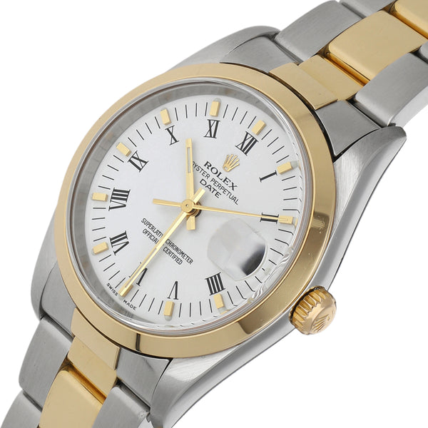 Reloj Rolex para caballero modelo Oyster Perpetual Date vistas en oro amarillo 18 kilates.