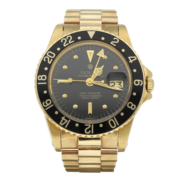 Reloj Rolex para caballero modelo Oyster Perpetual GMT Master en oro amarillo 18 kilates.