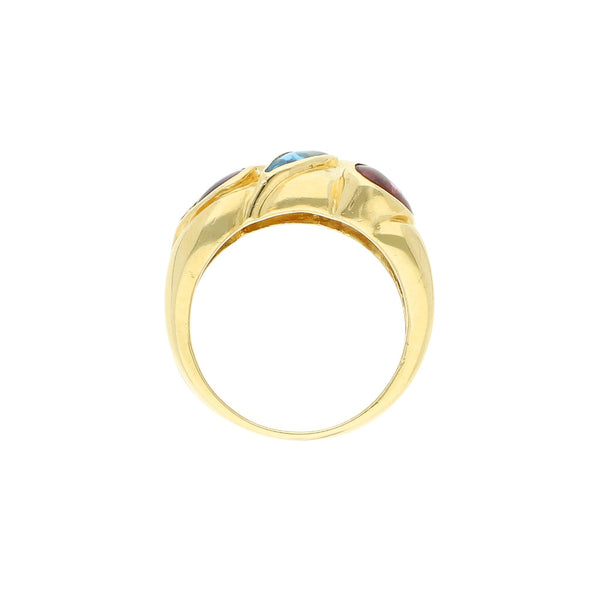 Anillo diseño especial con sintéticos en oro amarillo 18 kilates.