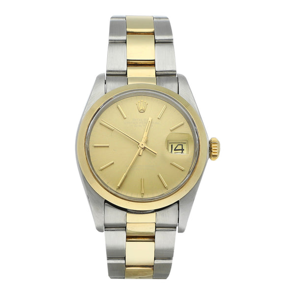 Reloj Rolex para caballero modelo Oyster Perpetual Date vistas en oro amarillo 14 kilates.