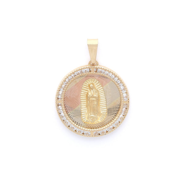 Medalla diseño especial con sintéticos motivo Virgen de Guadalupe en oro amarillo 14 kilates.