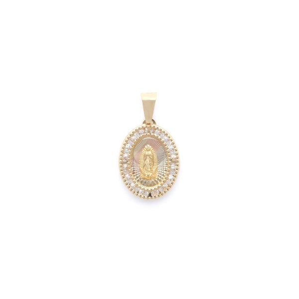 Medalla diseño especial con sintéticos motivo Virgen de Guadalupe en oro amarillo 14 kilates.