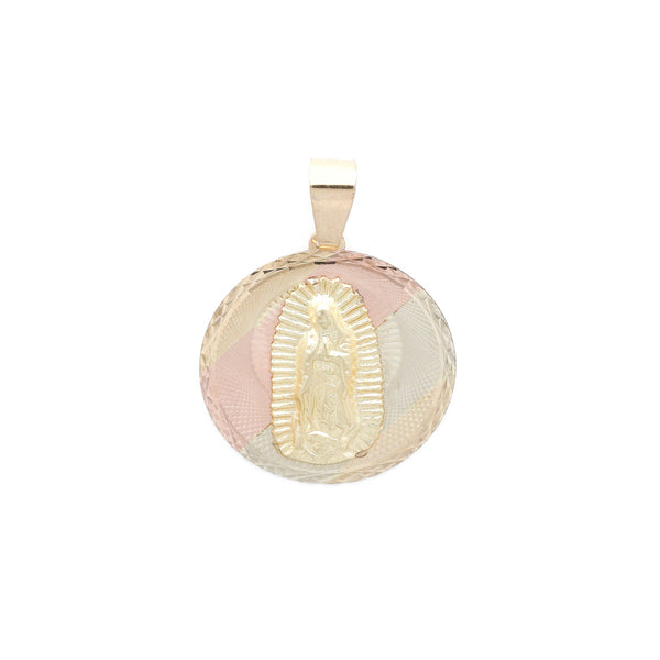 Medalla facetada motivo Virgen de Guadalupe en oro amarillo 14 kilates.