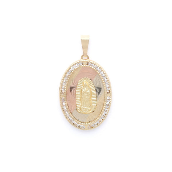 Medalla diseño especial con sintéticos motivo Virgen de Guadalupe en oro amarillo 14 kilates.