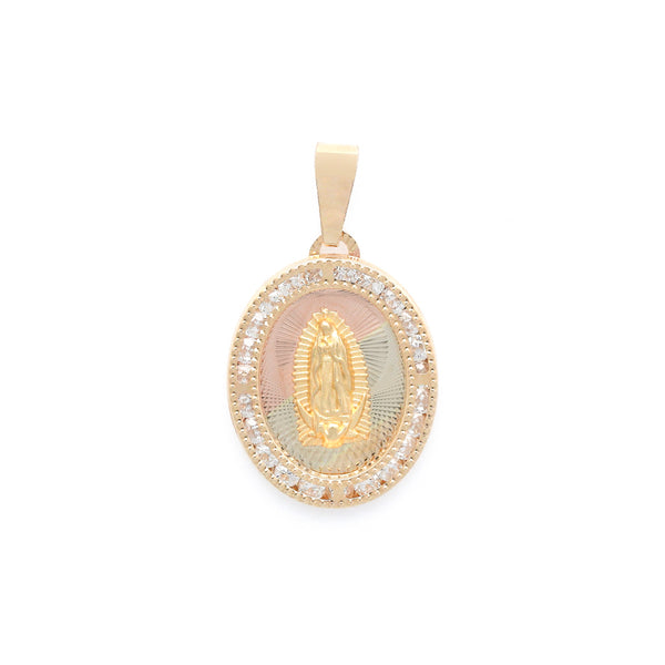 Medalla diseño especial con sintéticos motivo Virgen de Guadalupe en oro amarillo 14 kilates.