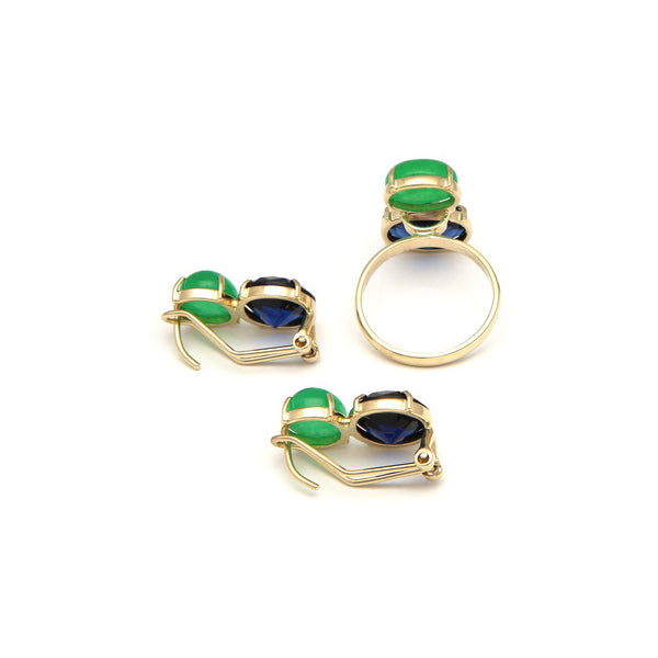 Juego de anillo y aretes diseño especial con zafiro y jade en oro amarillo 14 kilates.