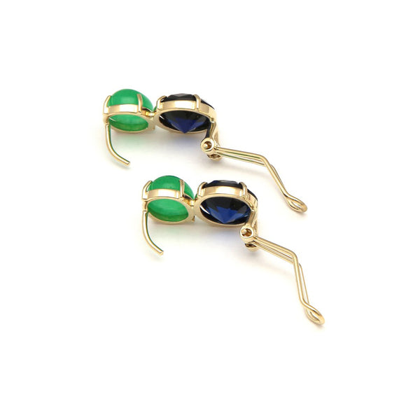 Juego de anillo y aretes diseño especial con zafiro y jade en oro amarillo 14 kilates.