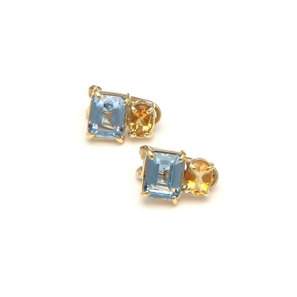 Aretes diseño especial con citrinas y sky blue en oro amarillo 18 kilates.