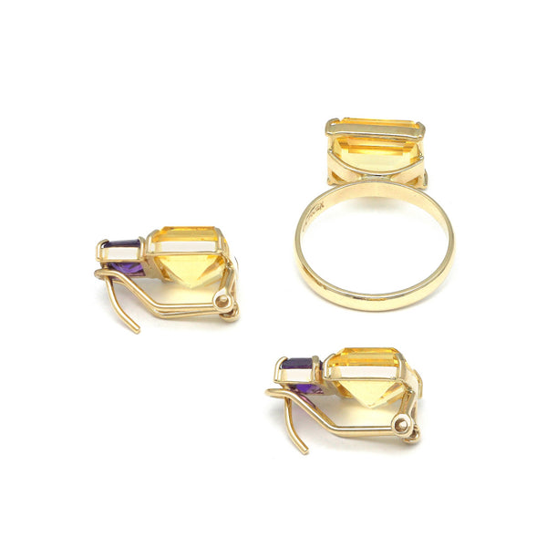 Juego de anillo y aretes diseño especial con amatistas y citrinos en oro amarillo 14 kilates.