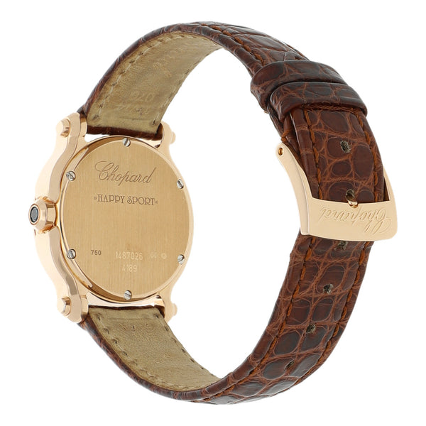 Reloj Chopard para dama modelo Happy Sport caja y broche en oro rosa 18 kilates.