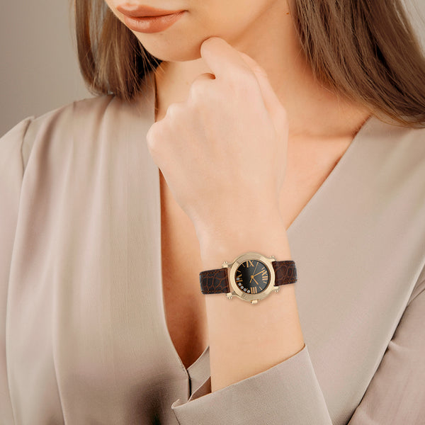 Reloj Chopard para dama modelo Happy Sport caja y broche en oro rosa 18 kilates.