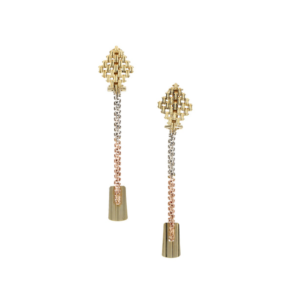 Aretes boleados con colgantes en oro tres tonos 14 kilates.