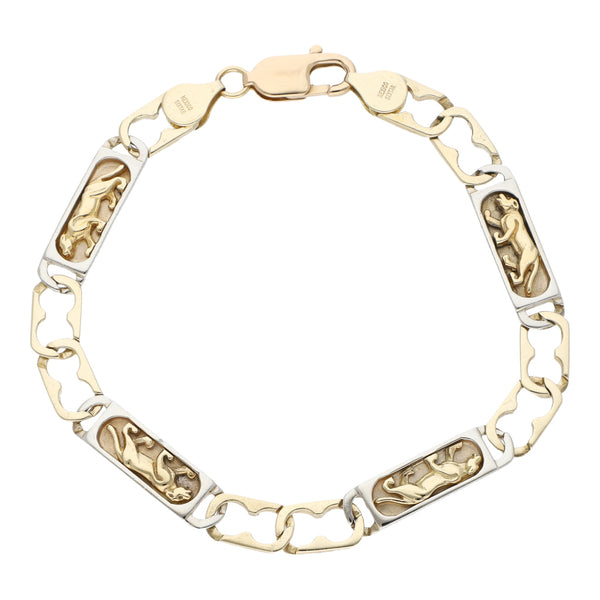 Pulsera eslabón combinado motivo panteras en oro dos tonos 14 kilates.