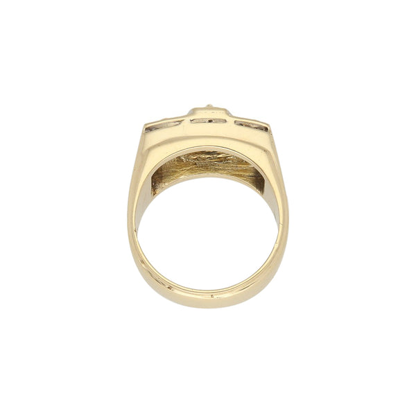 Anillo diseño especial con diamantes y zafiro ene oro amarillo 14 kilates.