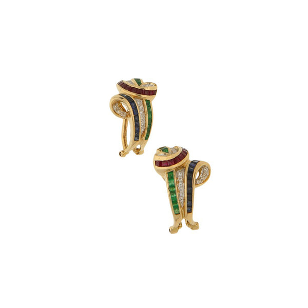 Aretes diseño especial con diamantes y sintéticos en oro amarillo 18 kilates.