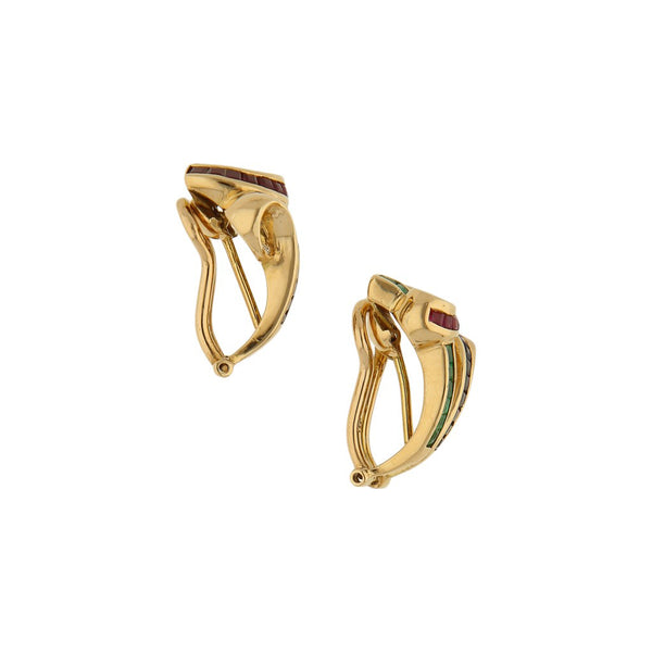 Aretes diseño especial con diamantes y sintéticos en oro amarillo 18 kilates.