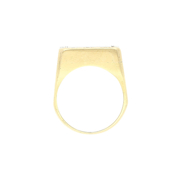 Anillo tipo sello con diamantes y ojo de tigre en oro amarillo 14 kilates.