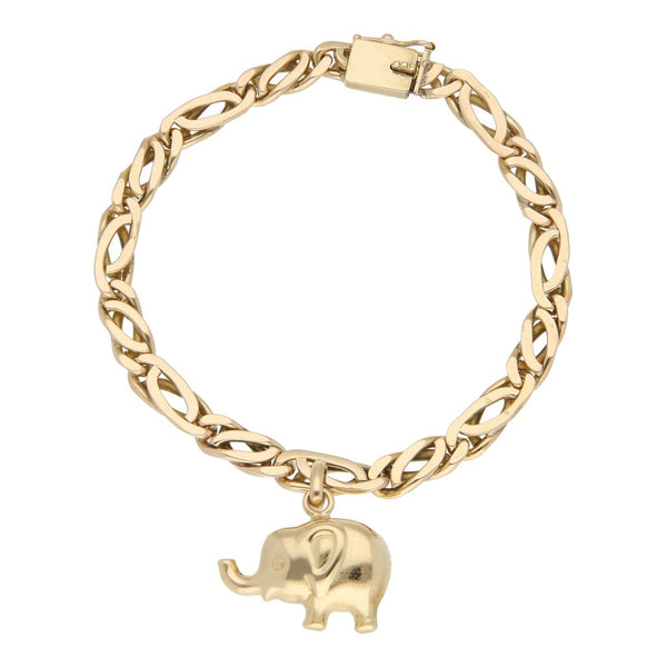 Pulsera eslabón nudo egipcio con colgante motivo elefante en oro amarillo 14 kilates.