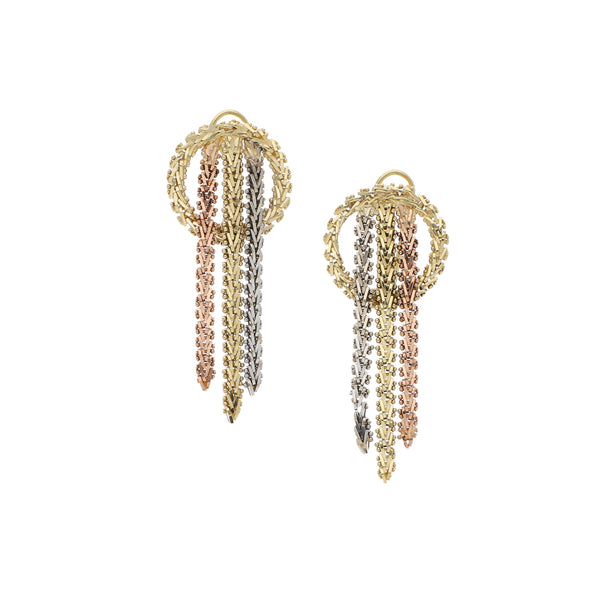 Aretes boleados en oro tres tonos 14 kilates.