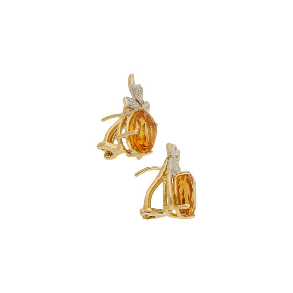 Aretes diseño especial con diamantes y citrinos en oro amarillo 18 kilates.