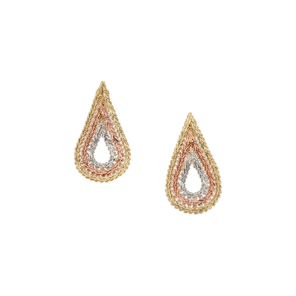 Aretes boleados en oro tres tonos 14 kilates.