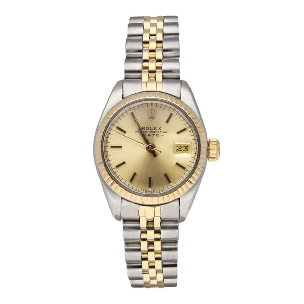 Reloj Rolex para dama modelo Oyster Perpetual Date vistas oro amarillo 14 kilates.