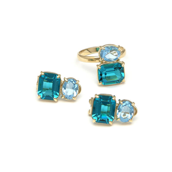 Juego de anillo y aretes diseño especial con obsidiana y topacio en oro amarillo 14 kilates.