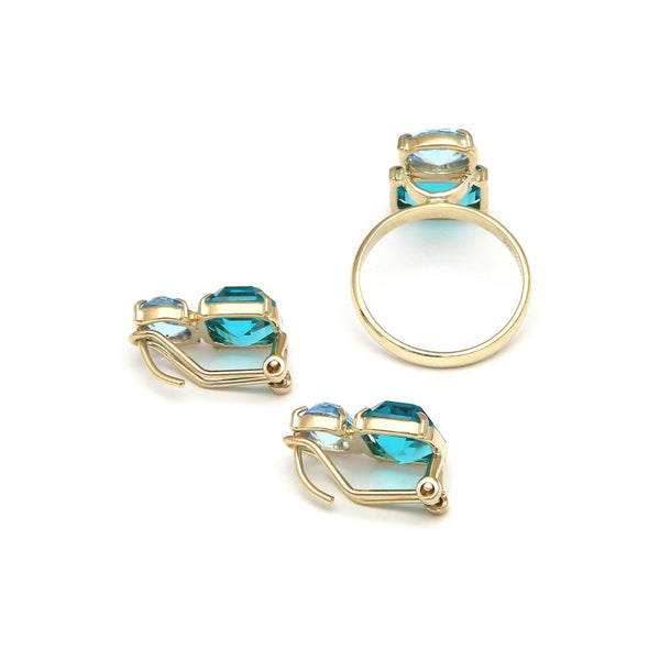 Juego de anillo y aretes diseño especial con obsidiana y topacio en oro amarillo 14 kilates.