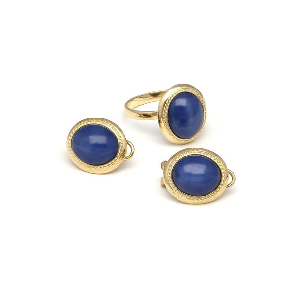 Juego de anillo y aretes diseño especial con zafiro estrella en oro amarillo 14 kilates.