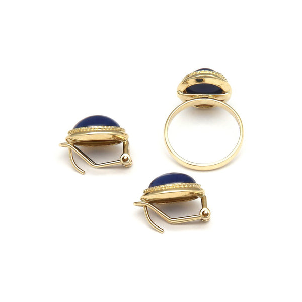 Juego de anillo y aretes diseño especial con zafiro estrella en oro amarillo 14 kilates.