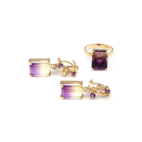 Juego de anillo y aretes diseño especial con diamantes y amatista bicolor en oro amarillo 14 kilates.