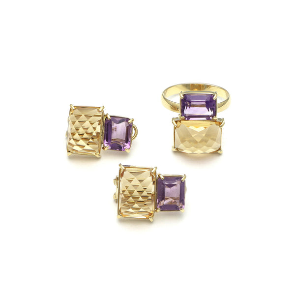 Juego de anillo y aretes hechura especial con amatista y citrino en oro amarillo 14 kilates.