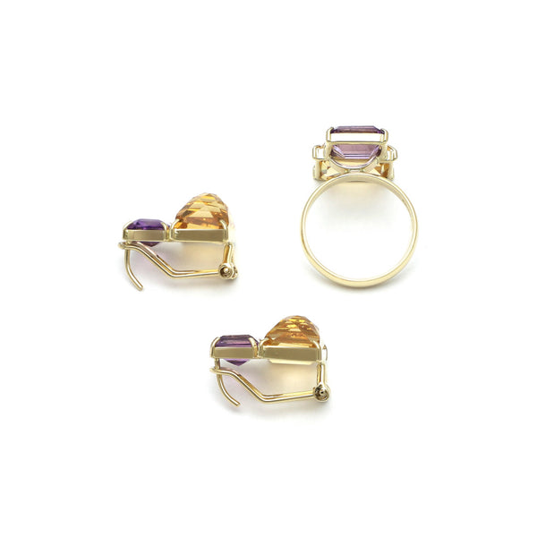 Juego de anillo y aretes hechura especial con amatista y citrino en oro amarillo 14 kilates.