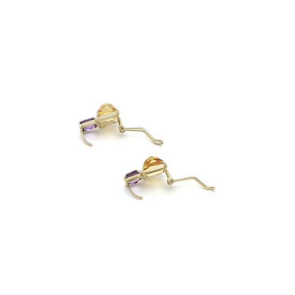 Juego de anillo y aretes hechura especial con amatista y citrino en oro amarillo 14 kilates.