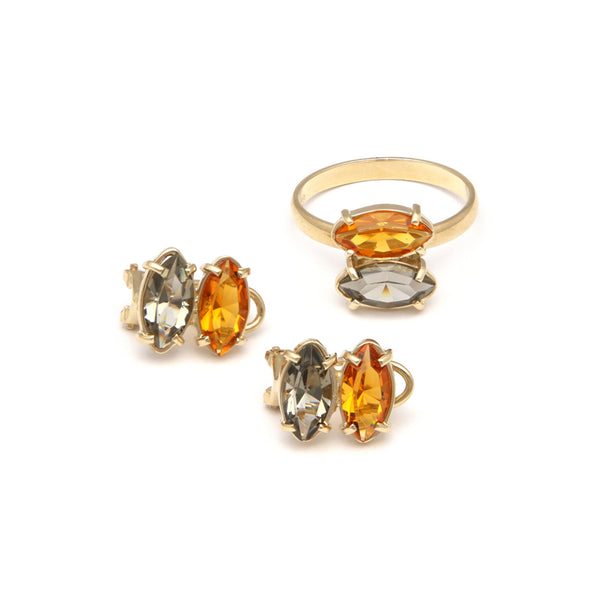 Juego de anillo y aretes diseño especial con citrino y topacio ahumado en oro amarillos 14 kilates.